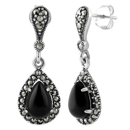 gemstone dangling earrings -gemstone dangling earrings -Sterling Silver Tear Drop Black Onyx Marcasite Earrings