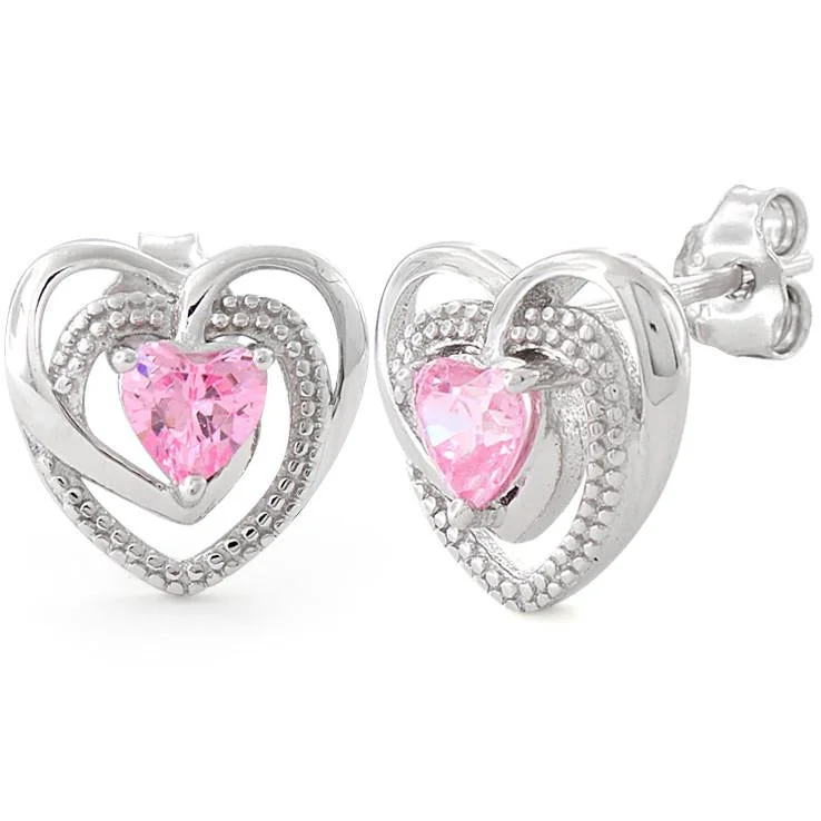 custom-designed hoop earrings -custom-designed hoop earrings -Sterling Silver Precious Heart Pink CZ Earrings