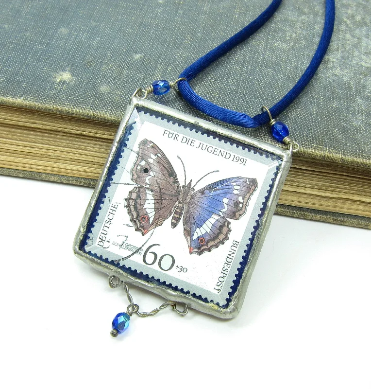 elegant necklaces for women -elegant necklaces for women -Blue Butterfly Necklace with German Postage Stamp Soldered Pendant