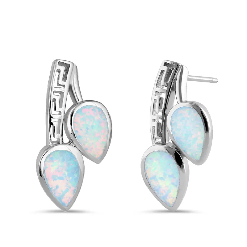 chic earrings for women -chic earrings for women -Sterling Silver White Lab Opal Greek Pear Drop Earrings