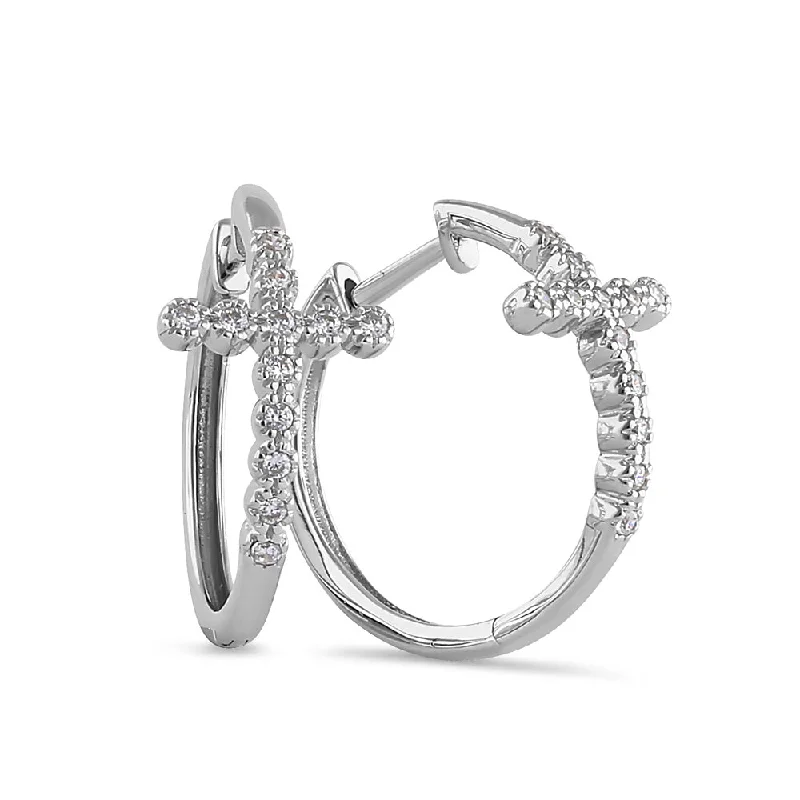 trendy ear climbers for women -trendy ear climbers for women -Sterling Silver Bubbly Cross Hoops Round Cut Clear CZ Earrings