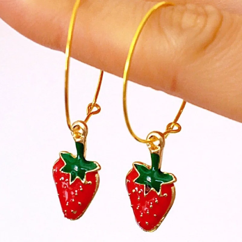 colorful earrings for women -colorful earrings for women -GOLD STRAWBERRY HOOP EARRINGS