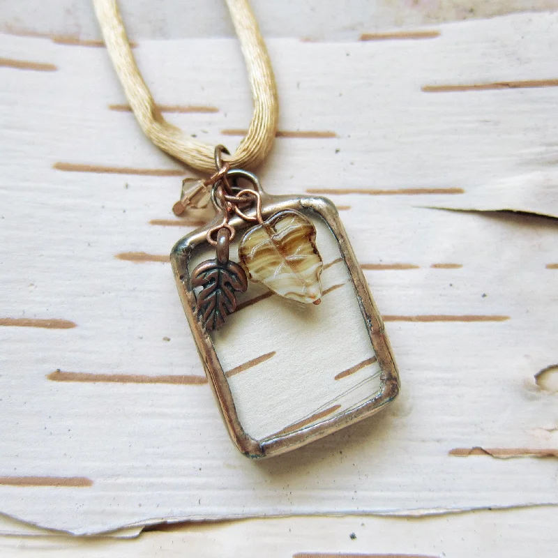 women’s necklaces -women’s necklaces -Soldered Pendant Necklace Birch Bark with Copper Leaves