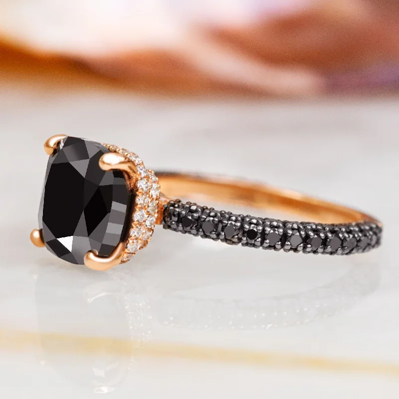 vintage inspired diamond engagement rings -vintage inspired diamond engagement rings -Black Magic - 5.44 Carats Three-Sided Band Natural Black Diamond Cushion Engagement Ring