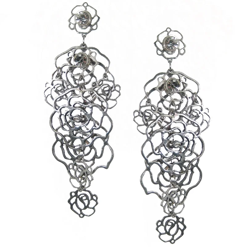 unique earrings for women -unique earrings for women -#112e Silver Tone & Rhinestone Floral Earrings