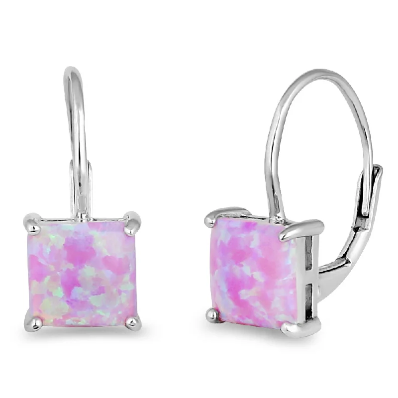 silver hoop earrings for women -silver hoop earrings for women -Sterling Silver Elegant Pink Lab Opal Square Earrings