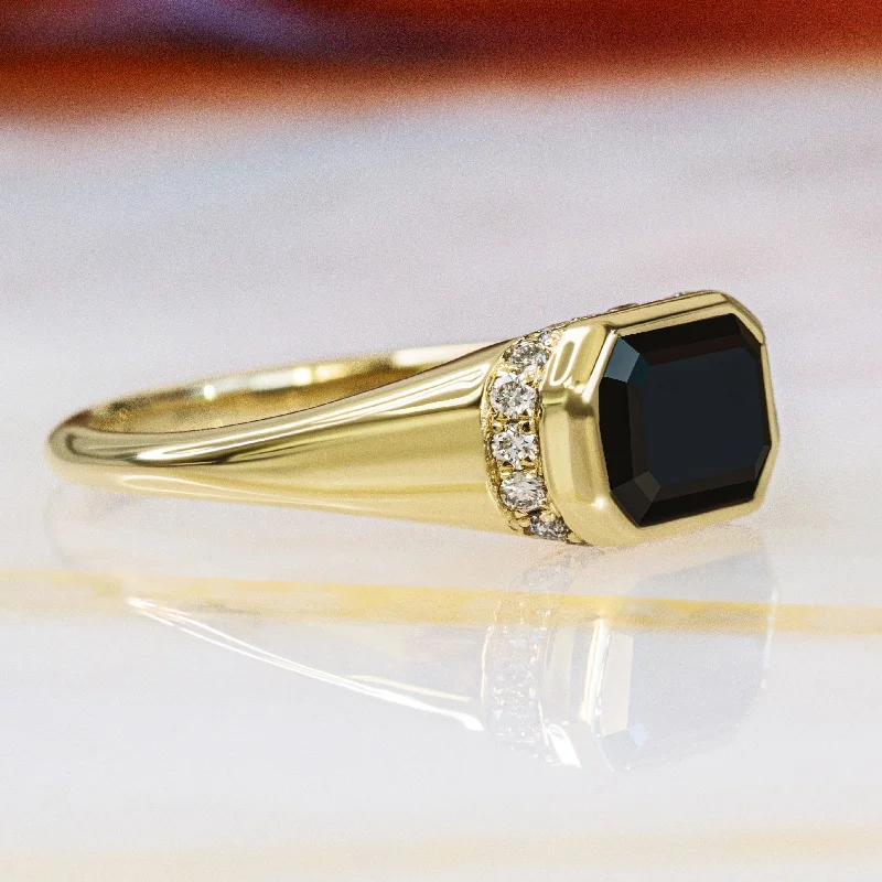 silver engagement rings -silver engagement rings -Equinox- Art Deco Natural Black Diamond Emerald Cut Engagement Ring in Yellow Gold