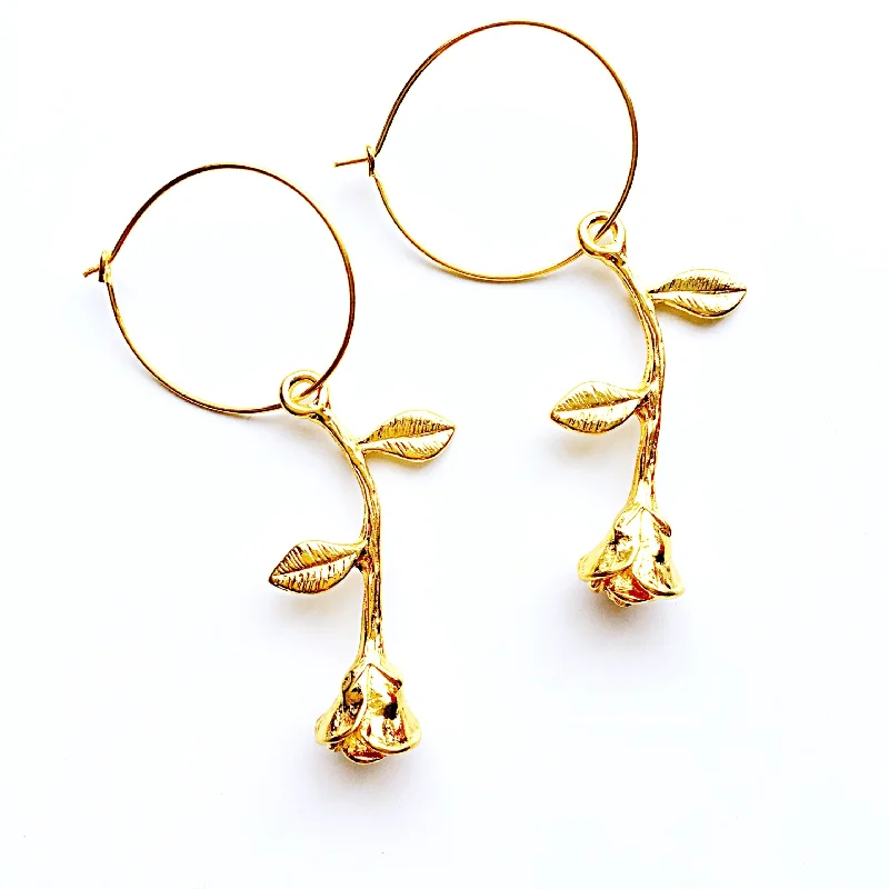 luxury gold earrings -luxury gold earrings -ROSE LONG STEM HOOP EARRINGS