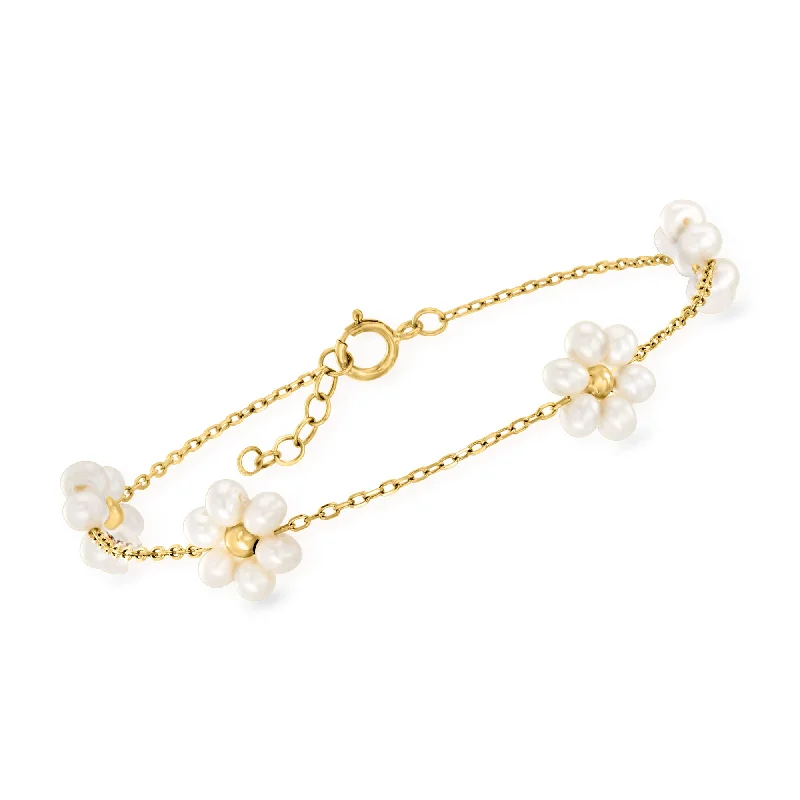 customizable bangles for women -customizable bangles for women -Ross-Simons 3-3.5mm Cultured Pearl Flower Bracelet in 14kt Yellow Gold