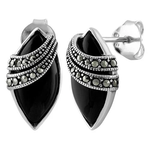 bold earrings for women -bold earrings for women -Sterling Silver Marquise Black Onyx Marcasite Earrings