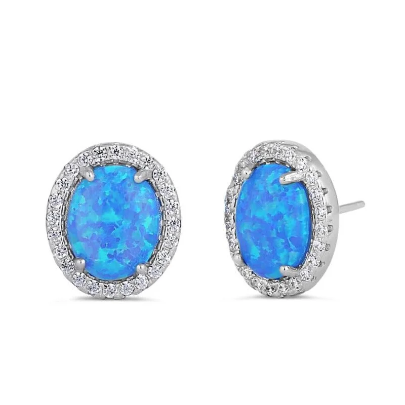 modern earrings for women -modern earrings for women -Sterling Silver Blue Lab Opal & Clear CZ Oval Stud Earrings