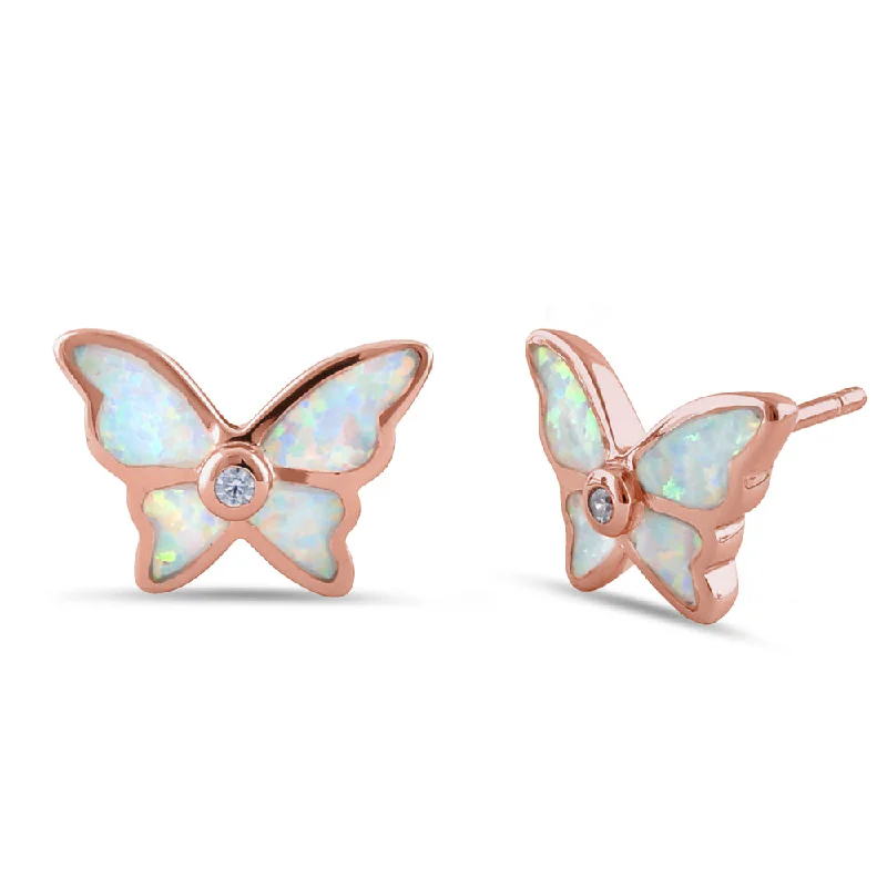 silver dangling earrings -silver dangling earrings -Sterling Silver Rose Gold White Lab Opal Butterfly CZ Earrings