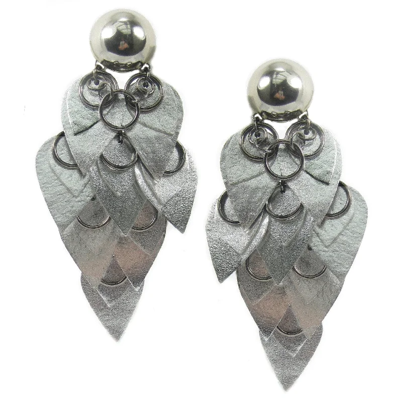 crystal drop earrings -crystal drop earrings -#990e Silver Leather Scales & Metal Ring Shoulder Duster Earrings