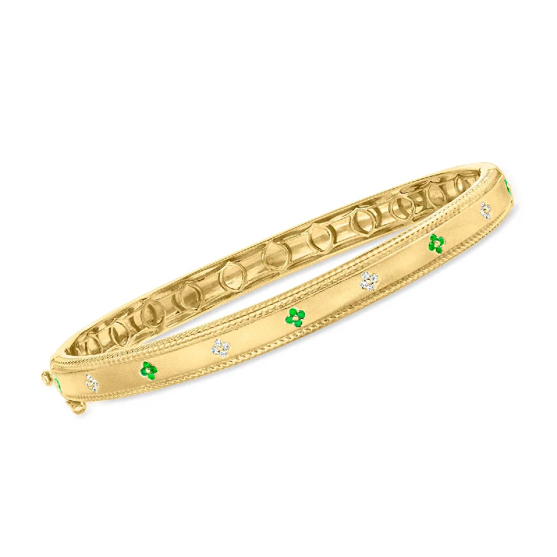 leather bangles for women -leather bangles for women -Ross-Simons Emerald Flower Bangle Bracelet With Diamond Accents in 18kt Gold Over Sterling