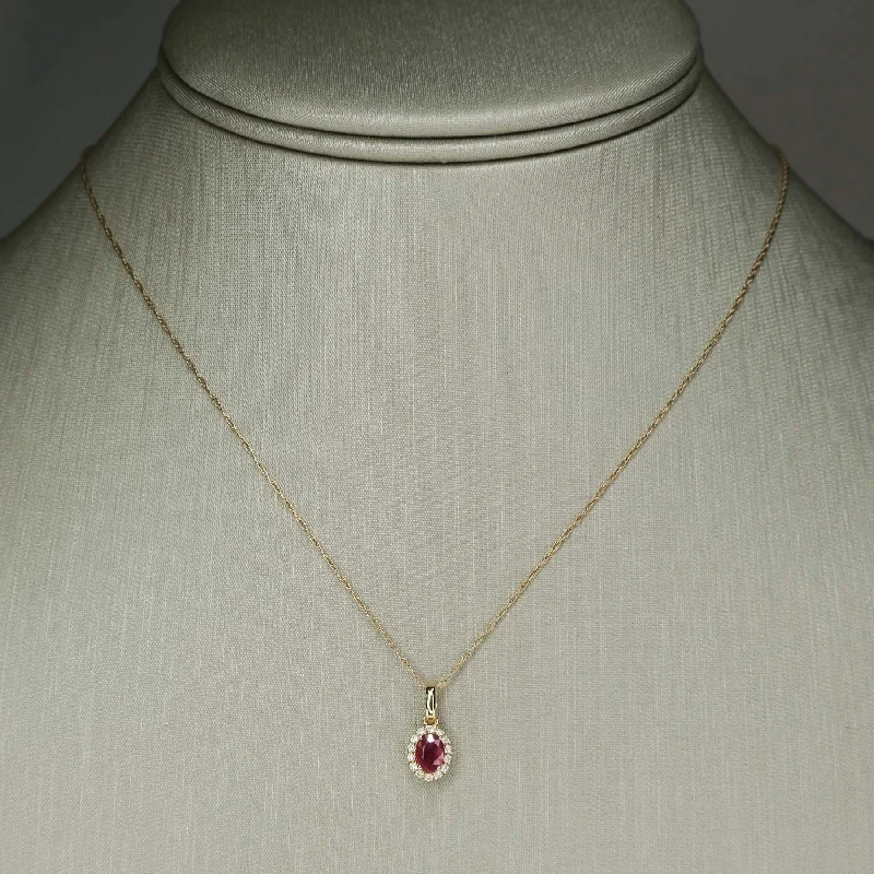 contemporary necklaces for women -contemporary necklaces for women -Ruby & Diamond Accented Oval Halo Pendant on 18" Chain Necklace in 10/14K Yellow Gold