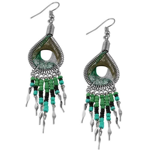 sleek hoop earrings for women -sleek hoop earrings for women -Stainless Steel Peruvian Forest Green & Silver Silk Thread Beaded Dangle Earrings