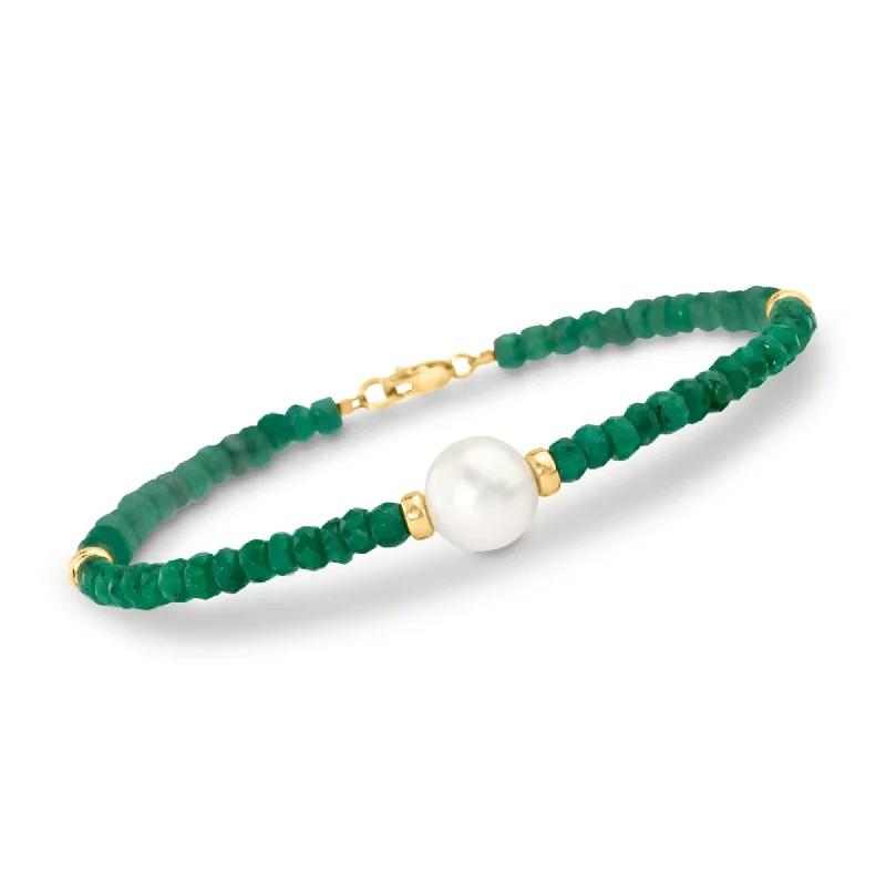 colorful gemstone bangles -colorful gemstone bangles -Ross-Simons Beaded Emerald Bracelet With 10mm Cultured Pearl in 14kt Yellow Gold