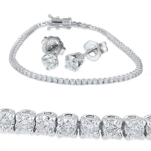 elegant bangles for women -elegant bangles for women -3ct Diamond Studs & Tennis Bracelet Set 14K White Gold