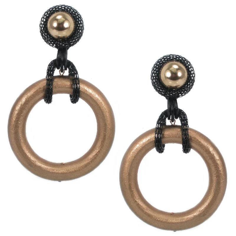 women’s vintage earrings -women’s vintage earrings -#936e Gold Tone Wood Hoop Earrings With Black Metal Mesh & Button Top