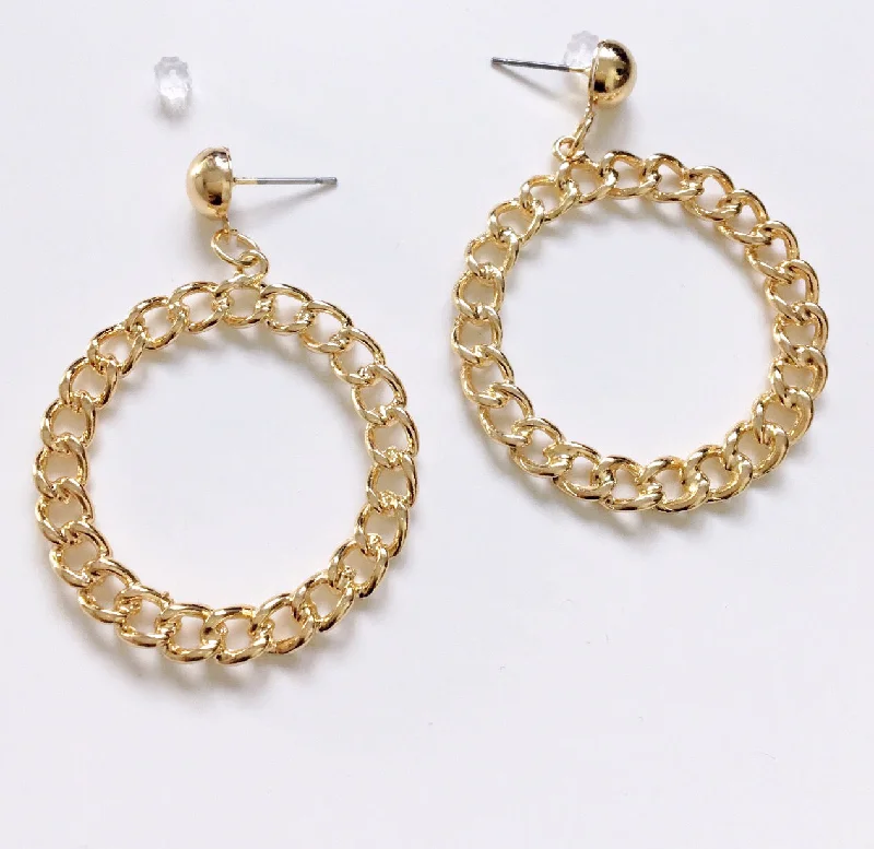 chic earrings for women -chic earrings for women -CHAIN CIRCLE HOOP PENDANT EARRINGS