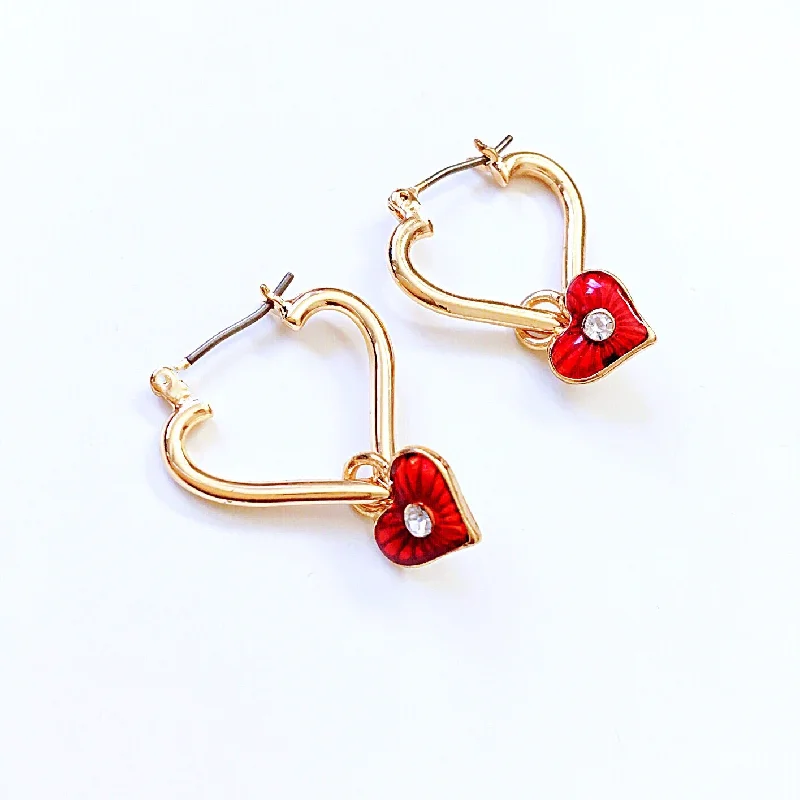 fashionable drop earrings -fashionable drop earrings -RED DIAMANTÉ HEART HOOP EARRINGS