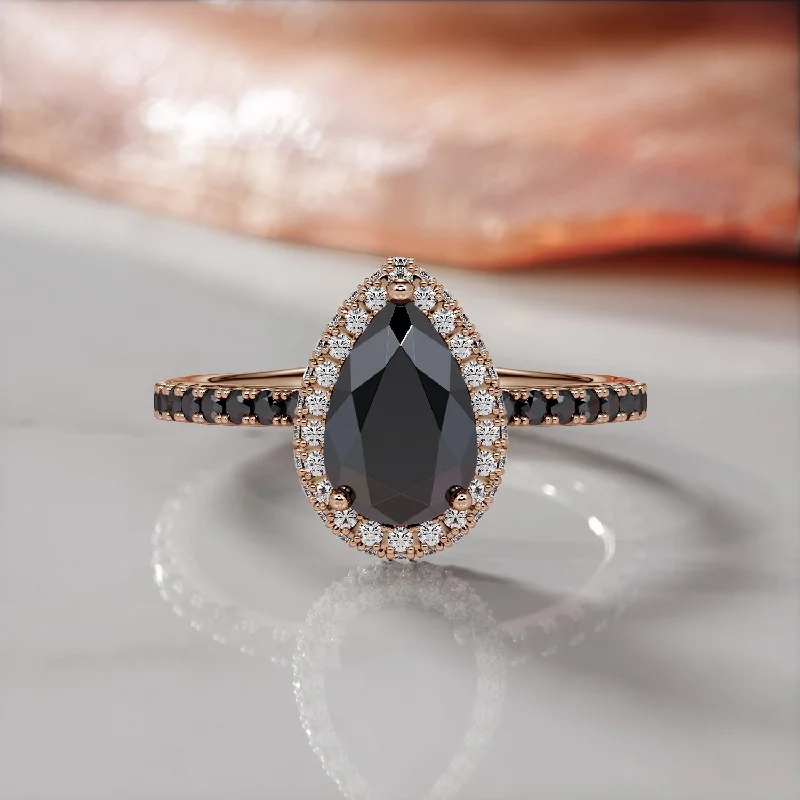 vintage rose gold engagement rings -vintage rose gold engagement rings -Darkfire - Double Halo  Natural Black Diamond Pear Engagement Ring