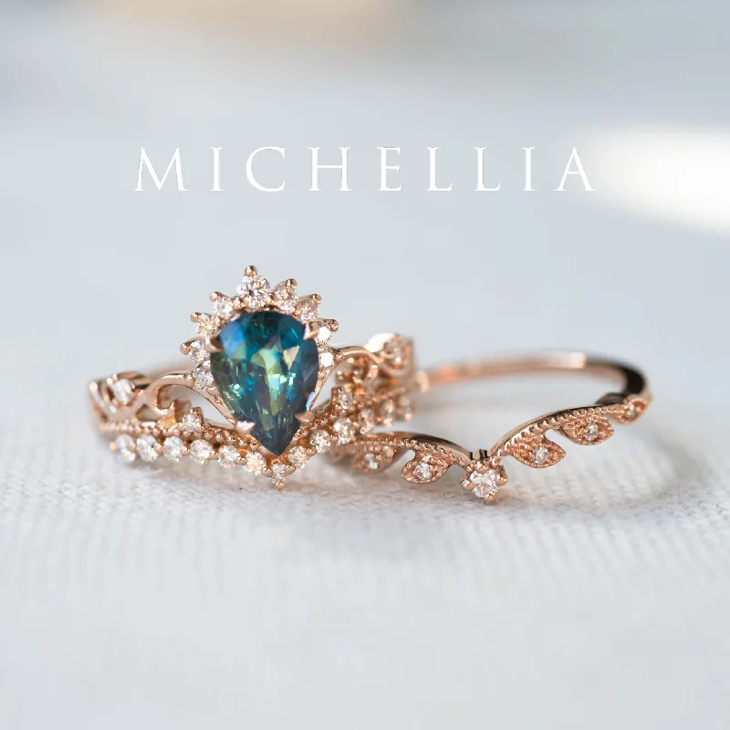 yellow gold engagement rings -yellow gold engagement rings -[Nerissa] Mermaid Song Natural Teal Sapphire 2-piece Engagement Ring Set, 14K Rose Gold - One of A Kind & Ready-to-Ship