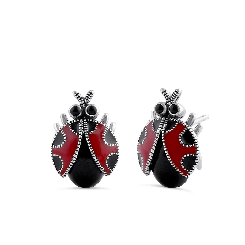 designer earrings for women -designer earrings for women -Sterling Silver Onyx and Enamel Marcasite Ladybug Stud Earrings