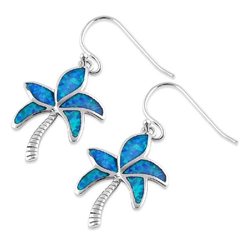 statement earrings for women -statement earrings for women -Sterling Silver Blue Opal Palm Tree Hook Earrings