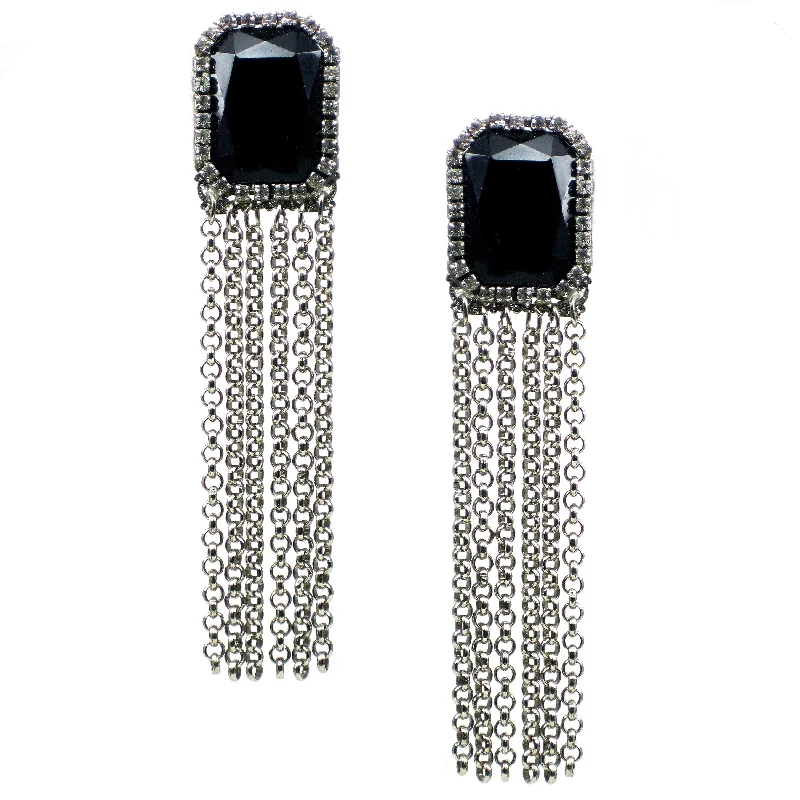 silver dangling earrings for women -silver dangling earrings for women -#479e Jet Cabochon, Rhinestone & Silver Tone Chain Tassel Earrings