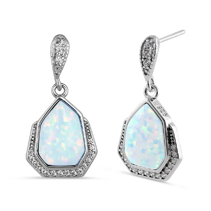 trendy ear climbers for women -trendy ear climbers for women -Sterling Silver White Lab Opal Heptagon CZ Earrings