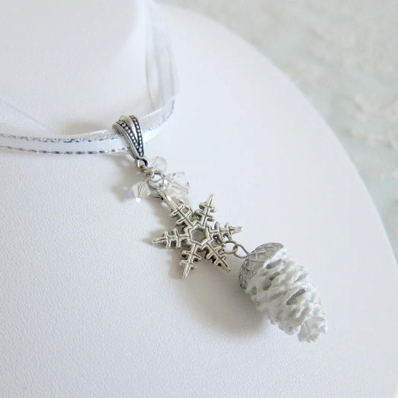 designer name necklaces for women -designer name necklaces for women -Snowflake Pine Cone Necklace with Swarovski Crystals