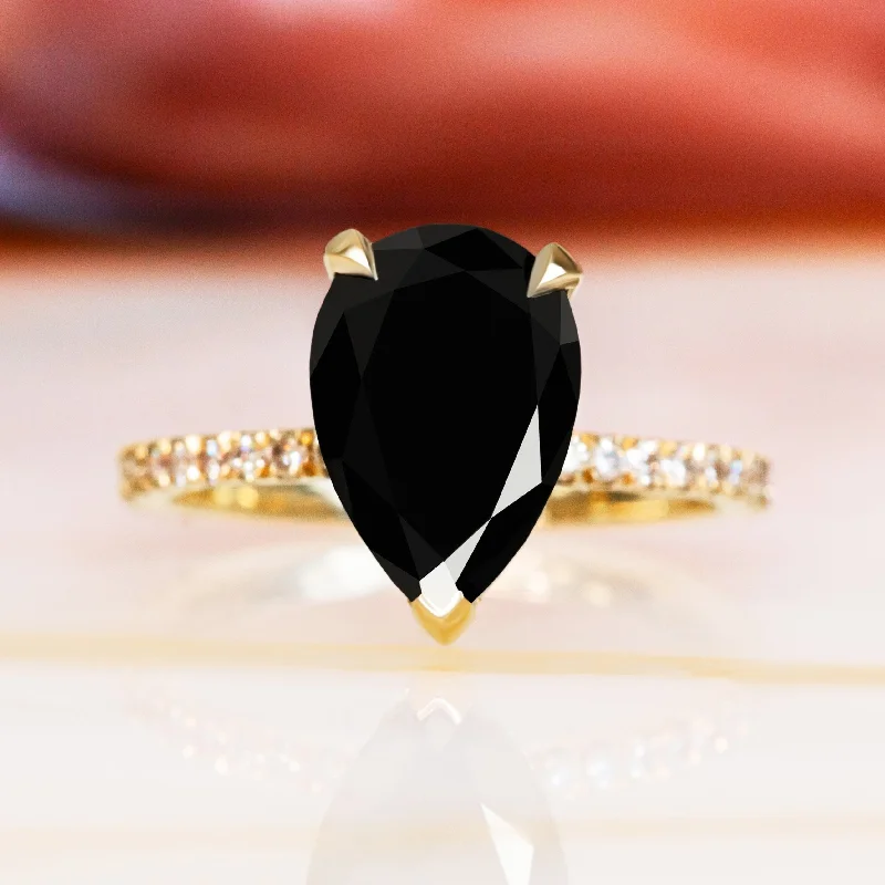 vintage-inspired engagement rings -vintage-inspired engagement rings -Forbidden Fruit - Hidden Halo Natural Black Diamond Pear Engagement Ring in Yellow Gold