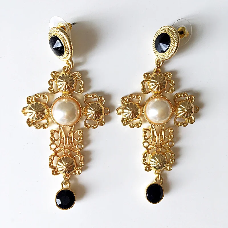 romantic earrings for women -romantic earrings for women -PEARL GOTHIC CROSS LONG EARRINGS