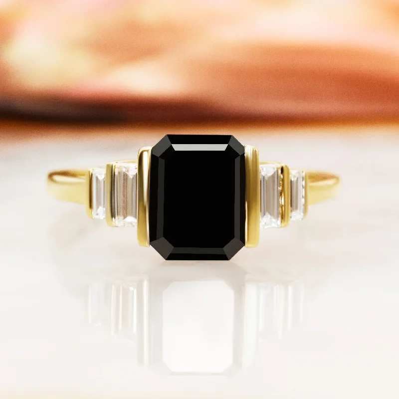 vintage diamond engagement rings -vintage diamond engagement rings -Noir Desir - Art Deco  Natural Black Diamond Emerald Engagement Ring in Yellow Gold