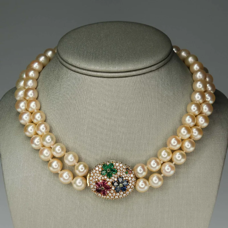 chunky necklaces for women -chunky necklaces for women -Gold South Sea Pearls Double Strand with Gem and Diamond Clasp in 18K Gold