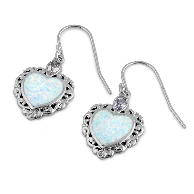 handmade earrings for women -handmade earrings for women -Sterling Silver White Lab Opal Victorian Heart with Clear Pear CZ Earrings