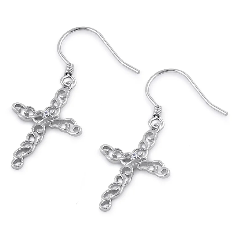 crystal earrings for women -crystal earrings for women -Sterling Silver Center CZ Dangle Cross Filigree Earrings