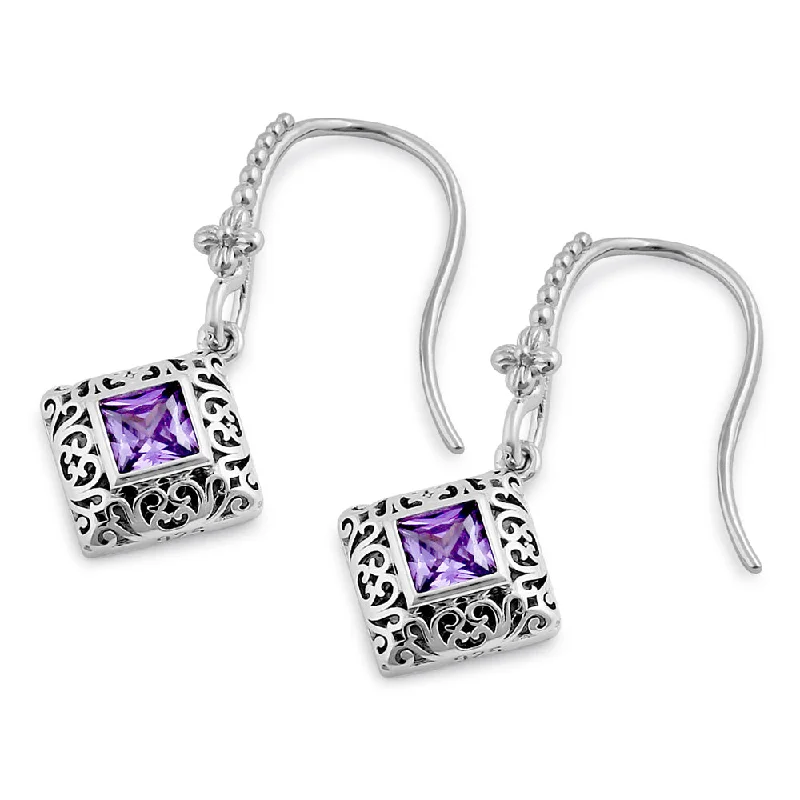 silver earrings with gemstones -silver earrings with gemstones -Sterling Silver High Polish Filigree Square Cut Amethyst CZ Earrings