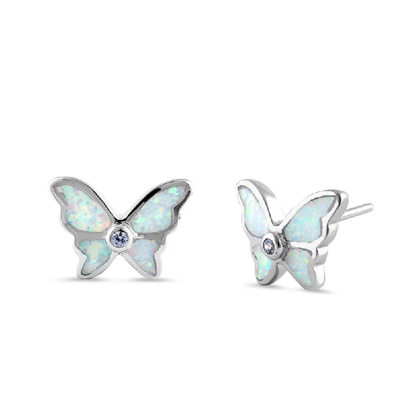 gemstone earrings for women -gemstone earrings for women -Sterling Silver White Lab Opal Butterfly CZ Earrings