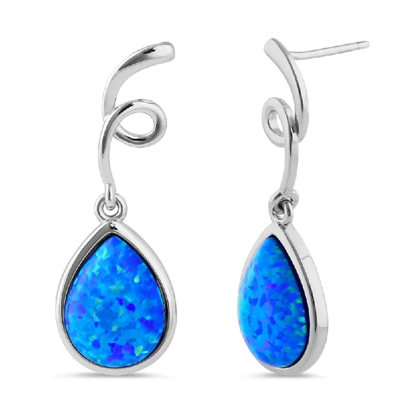 trendy stud earrings for women -trendy stud earrings for women -Sterling Silver Blue Lab Opal Twirl Dangling Pear Earrings