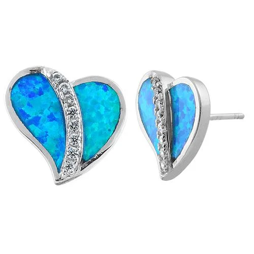 silver dangling earrings for women -silver dangling earrings for women -Sterling Silver Heart Blue Lab Opal Clear CZ Earrings