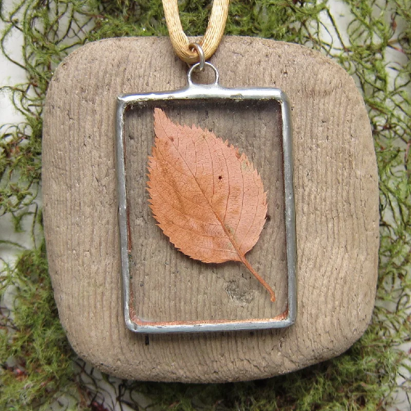 personalized necklaces for women -personalized necklaces for women -Leaf Necklace Soldered Glass Pendant with Real Yellow Brown Autumn Fall Leaf