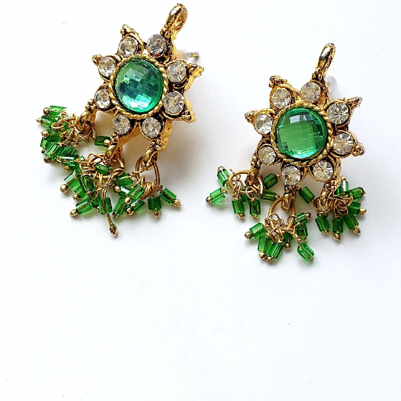 women’s vintage earrings -women’s vintage earrings -VINTAGE TRIBAL GREEN DIAMANTÉ BEADED BEADS EARRINGS