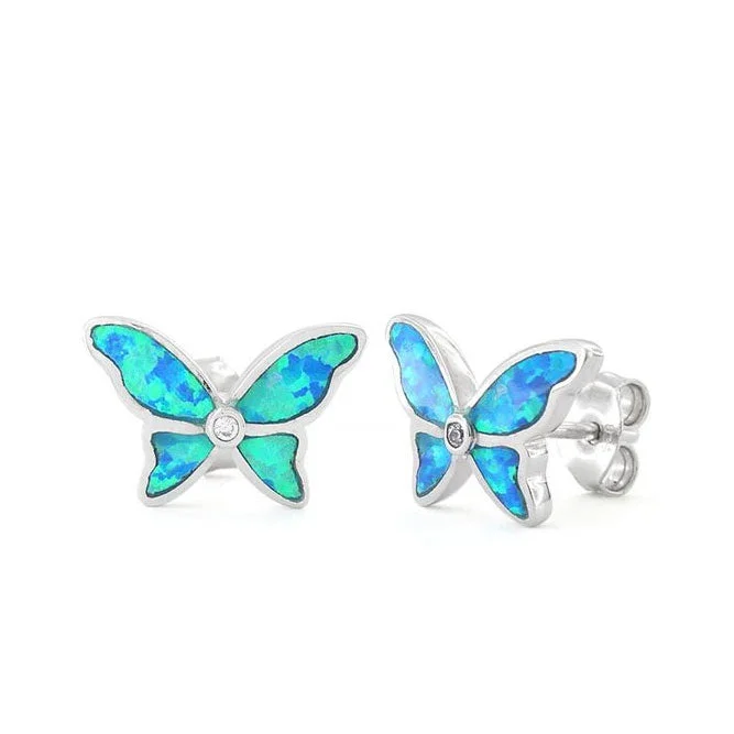 hoop earrings for women -hoop earrings for women -Sterling Silver Lab Opal Butterfly CZ Earrings