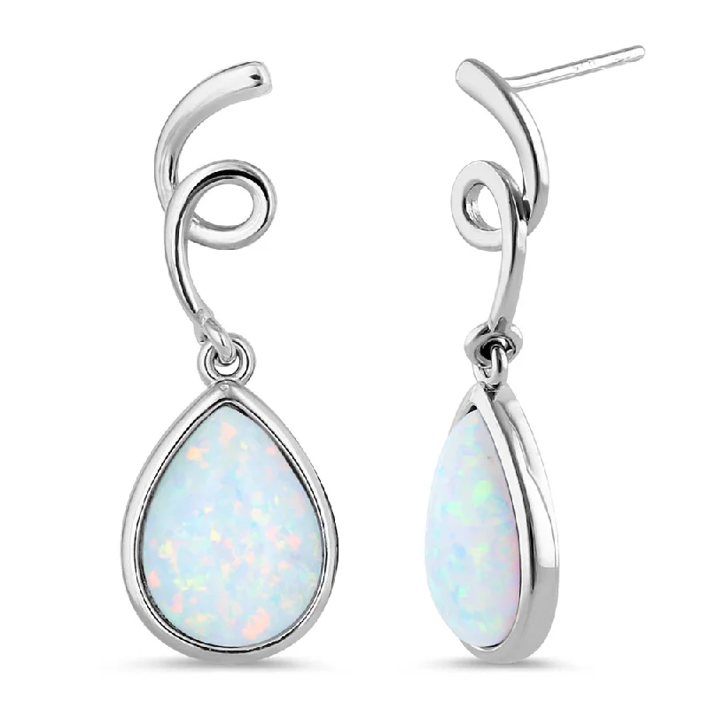 custom hoop earrings for women -custom hoop earrings for women -Sterling Silver White Lab Opal Twirl Dangling Pear Earrings