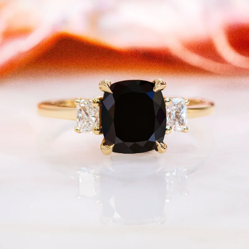 yellow gold engagement rings -yellow gold engagement rings -Shadowscape -   Three Stone  Natural Black Diamond Cushion Engagement Ring  in Yellow Gold