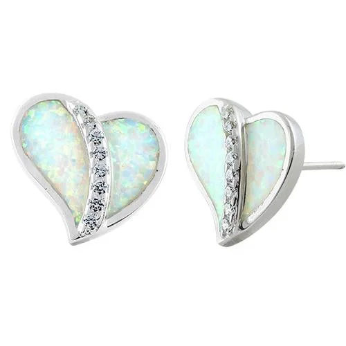 sleek hoop earrings for women -sleek hoop earrings for women -Sterling Silver Heart White Lab Opal Clear CZ Earrings