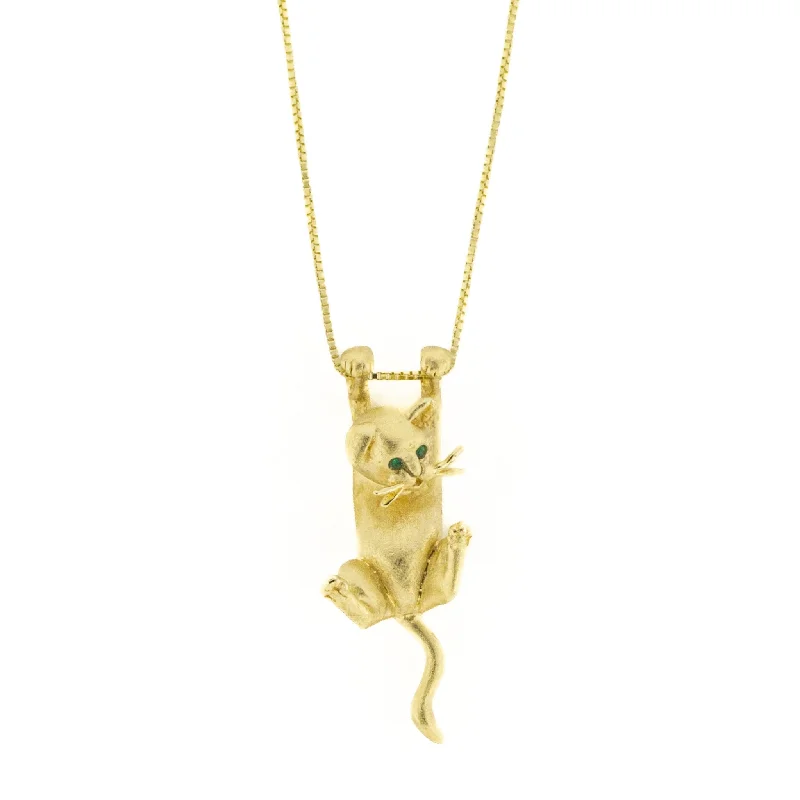 women’s pearl pendants -women’s pearl pendants -Jack Slack Cat Pendant with Emerald Eyes on 20" Chain Necklace in 14 Yellow Gold