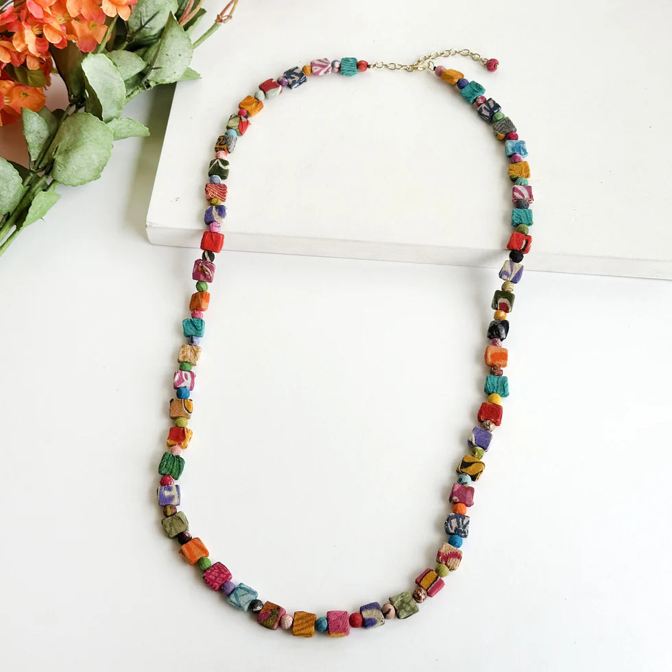 dainty necklaces for women -dainty necklaces for women -Kantha Dotted Square Long Necklace